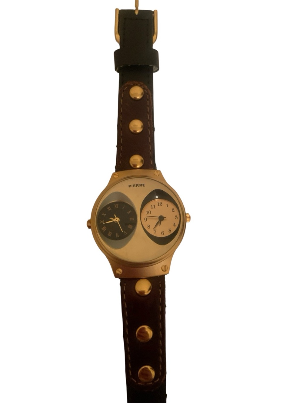 Pierre London boy Dual Time Gold-Tone Watch with Brown & black Leather Strap